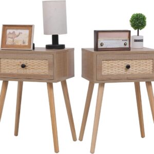 vipace Set of 2 Nightstands, End Side Table with Storage Drawer and Solid Wood Legs, Bedside Table for Bedrooms, Mid-Century Modern Storage Cabinet for Living Room Furniture (Natural)