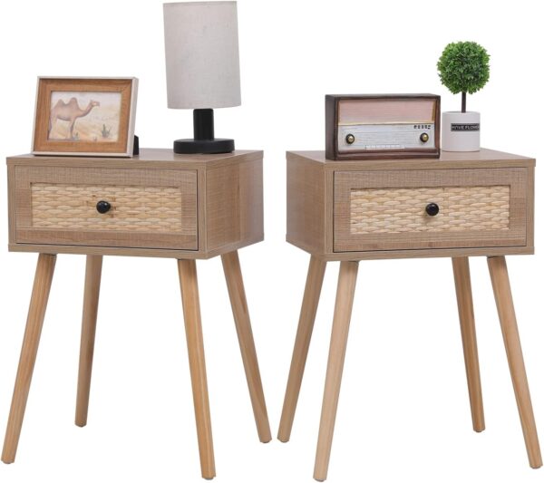 vipace Set of 2 Nightstands, End Side Table with Storage Drawer and Solid Wood Legs, Bedside Table for Bedrooms, Mid-Century Modern Storage Cabinet for Living Room Furniture (Natural)