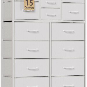 Furnulem Tall 15 Drawer Dresser for Bedroom, White Dresser with Large Capacity, Storage Organizer Chest of Drawer for Nursery, Closet, Living Room, Fabric Bins, Wood Top Furniture (White)