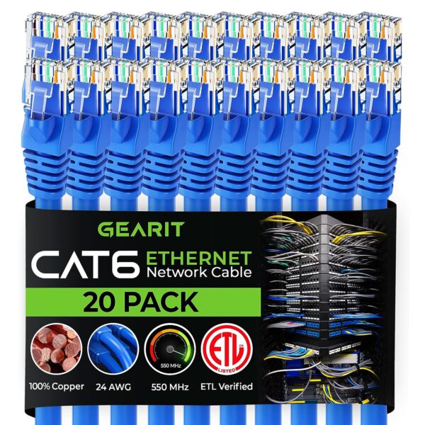 GearIT Cat 6 Ethernet Cable 25 ft (20-Pack) - Cat6 Patch Cable, Cat 6 Patch Cable, Cat6 Cable, Cat 6 Cable, Cat6 Ethernet Cable, Network Cable, Internet Cable - Blue 25 Feet