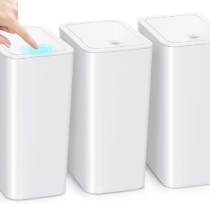 3 Pack Bathroom Small Trash Can with Lid,10L / 2.6 Gallon Slim Garbage Bin Wastebasket with Pop-Up Lid for Bedroom, Office, Kitchen, Craft Room, Fits Under Desk/Cabinet/Sink/White