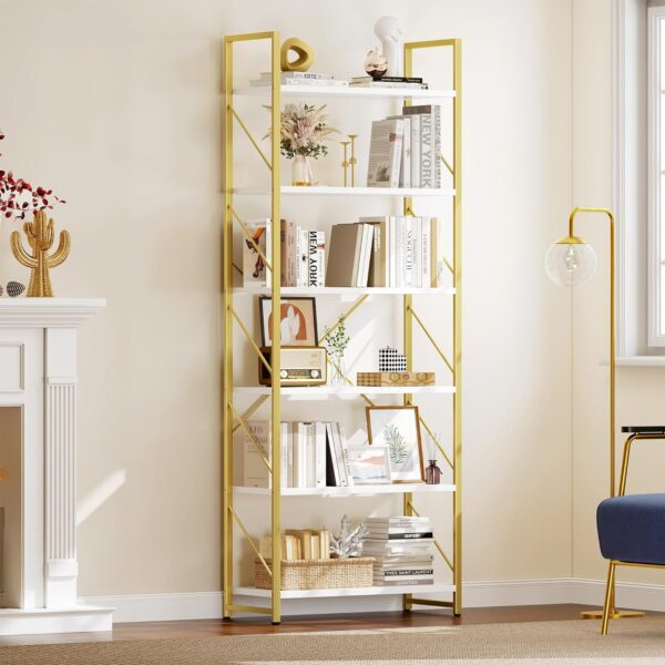 YITAHOME Tall Bookshelf 6 Tier Bookcase, Modern Gold Book Shelf, Open Display Storage Rack Shelves for Living Room/Bedroom/Home/Office/Kitchen, Holder Organizer for Books/Movies, White & Gold