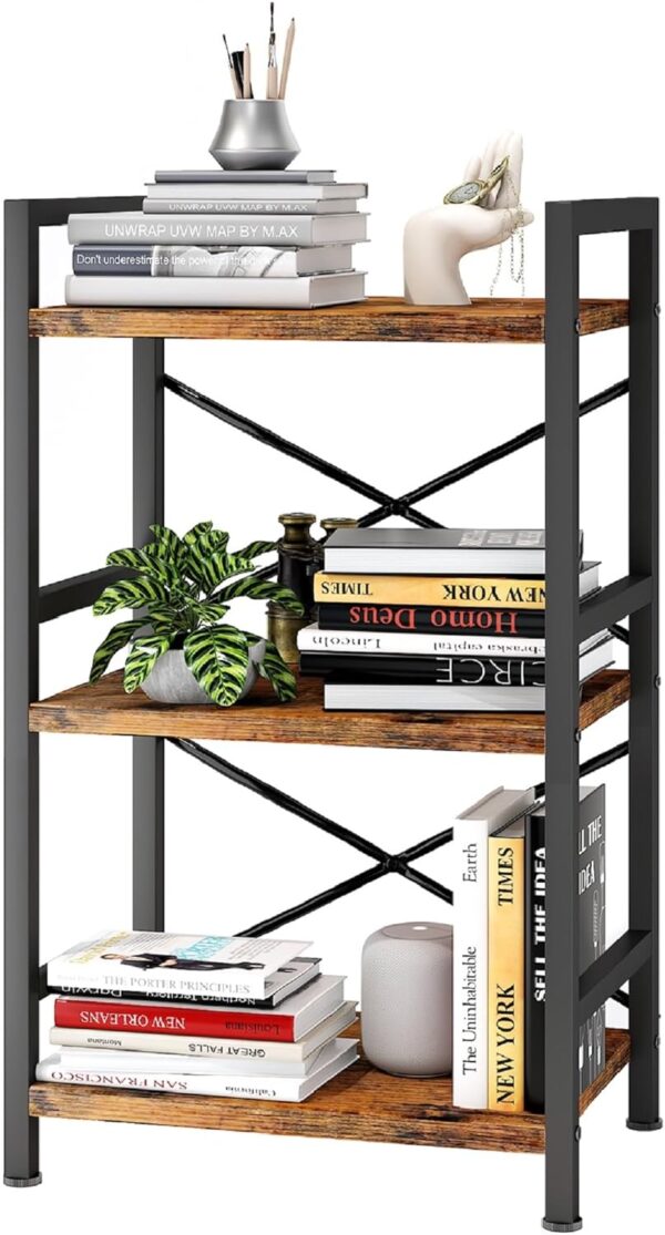 Bookshelf, 3 Tier Industrial Bookcase, Metal Small Bookcase, Rustic Etagere Book Shelf Storage Organizer for Living Room, Bedroom, and Home Office(Rustic Brown) Patent Pending D29873033