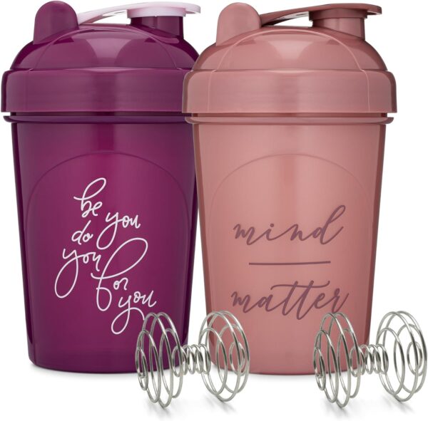 [2 Pack] 20-Ounce Shaker Bottle with Motivational Quotes (Plum & Rose) | Protein Shaker Bottle with Mixer Agitators | Blender Shaker Bottle for Protein Mixes Pack is BPA Free and Dishwasher Safe