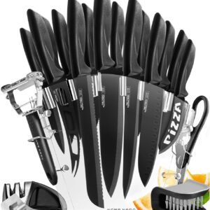 Home Hero Kitchen Knife Set with Sharpener - High Carbon Stainless Steel Knife Block Set with Ergonomic Handles (20 Pcs - Black)