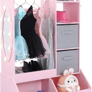 Kids Wardrobe Closet with Light & Mirror Kids Armoire with Storage Bin Opening Hanging Costume Closet with 3 Hooks Pretend Storage Closet Armoire Dresser Lights for Girls Pink