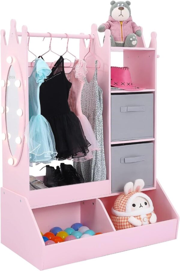 Kids Wardrobe Closet with Light & Mirror Kids Armoire with Storage Bin Opening Hanging Costume Closet with 3 Hooks Pretend Storage Closet Armoire Dresser Lights for Girls Pink