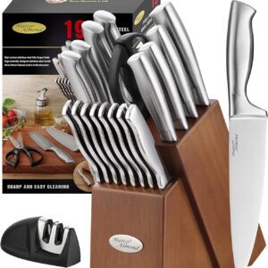 Marco Almond MA22 Knife Sets, 19 Pieces Stainless Steel Hollow Handle Kitchen Knives Block Set