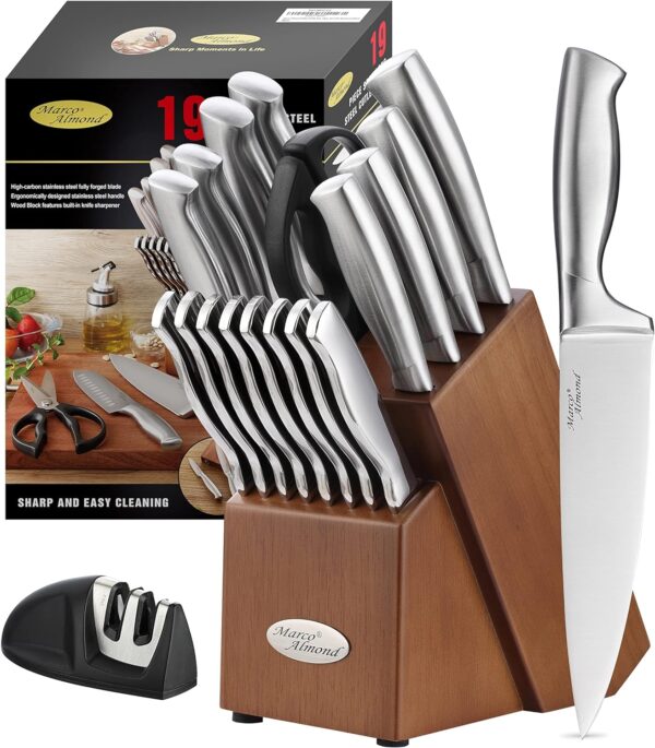 Marco Almond MA22 Knife Sets, 19 Pieces Stainless Steel Hollow Handle Kitchen Knives Block Set