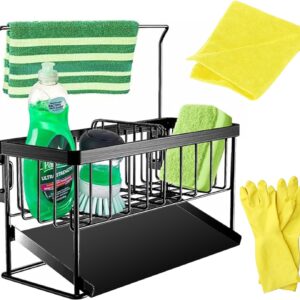 McEaf Kitchen Sink Caddy Organizer, Black Sink Sponge Holder for Kitchen with Quick Tray Design, 304 Stainless Steel Soap Dispenser Caddy Organizer for Sponge, Brush, Scrub, Cleaning Cloth and Gloves
