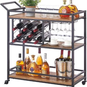 FATORRI Bar Cart for The Home, Industrial Rolling Wine Cart and Liquor Serving Carts on Wheels, Rustic Beverage Cart and Drink Trolley with Wine Rack and Glasses Holder (Rustic Oak)