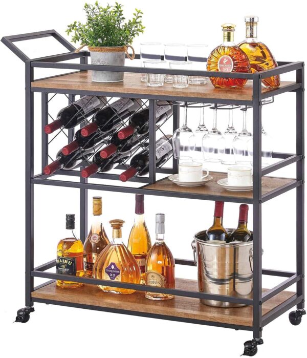 FATORRI Bar Cart for The Home, Industrial Rolling Wine Cart and Liquor Serving Carts on Wheels, Rustic Beverage Cart and Drink Trolley with Wine Rack and Glasses Holder (Rustic Oak)