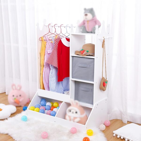 Kids Armoire, Dress Up Storage, Dress Up Closet with Mirror, Open Sheves, Storage Bins and 3 Hooks, Pretend Storage Closet Kids Costume Organizer Center with Touch Sensor Lights for Girls Room White