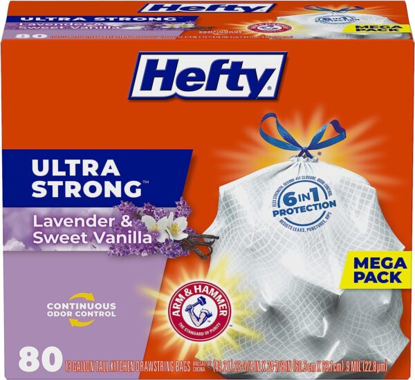 Hefty Ultra Strong Tall Kitchen Trash Bags, Lavender & Sweet Vanilla Scent, 13 Gallon, 80 Count