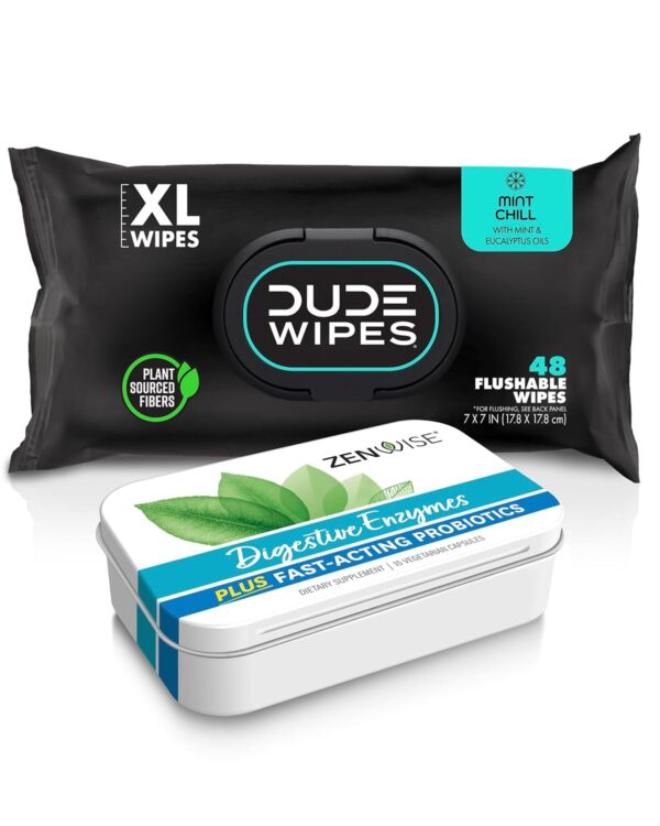 Dude Wipes & Zenwise #2 Bundle - 48 Flushable Wipes and 15 Digestive Enzymes with Probiotics and Prebiotics for Digestive & Gut Health