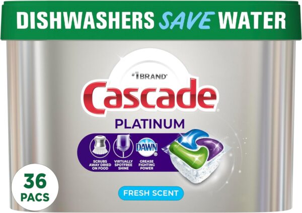 Cascade Platinum Dishwasher Pods, ActionPacs Dishwasher Detergent with Dishwasher Cleaner Action, Fresh Scent, 36 count(Packaging May Vary)