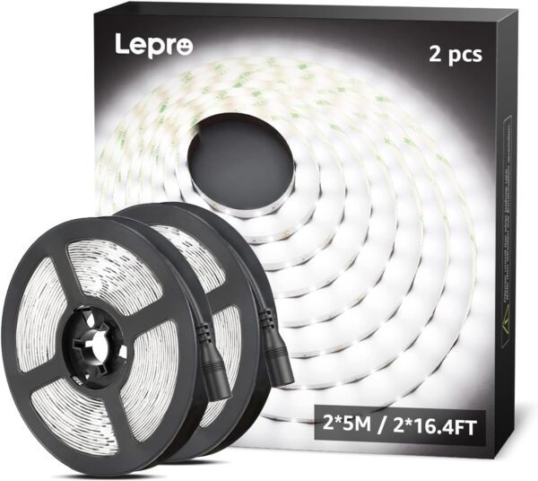 Lepro 12V LED Strip Light, Flexible, SMD 2835, 300 LEDs, 32.8ft Tape Light for Home, Kitchen, Party, Christmas and More, Non-Waterproof, Daylight White, Pack of 2(Not Include Power Adapter)