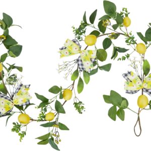 Adeeing 6ft Lemon Garland, Lemon Decor with Lemon Daisies and Plaid Bows, Spring Summer Garland for Front Door Mantle Stair Railing Home Kitchen Wedding Decor