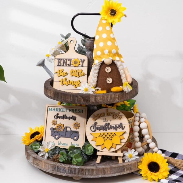 Sunflower Decor - Tiered Tray Decor Farmhouse Sunflower Kitchen Decor - Sunflower Gnomes Decorations - Wooden Signs for Home Table Fireplace (Not Included Tray)