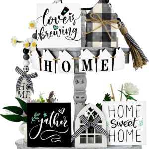 14 Pieces Farmhouse Tiered Tray Decor Black White Buffalo Plaid Christmas Decor Wood Bead Garland with Tassel for Rustic Home Sweet Home Farmhouse Xmas Gift(Home Style)