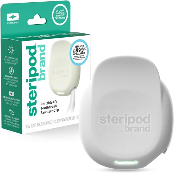 Steripod Brand Portable UV Toothbrush Sanitizer Clip, Rechargeable, Pearl, 1 Count