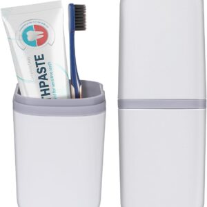 Travel Toothbrush Cup Case Portable PP Seal Tooth Brush Holders Cover Multi-Function Toothpaste Storage Container Cup for Home School Camping Business Trip Bathroom(White)
