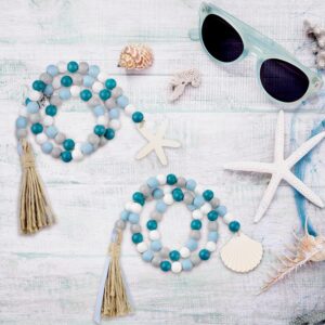 Janinka Seashell Wood Bead Garland 2 Pieces Farmhouse Beads Garland with Tassels Decorative Beads Home Decor Nautical Farmhouse Tiered Tray Decorations Set Coastal Garland for Home Kitchen Decor