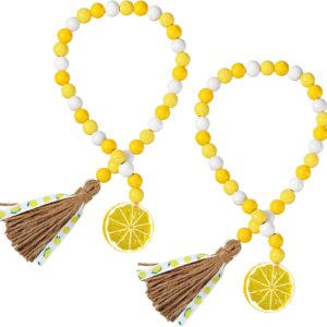 2 Pieces Lemon Wood Bead Garland with Tassels Farmhouse Rustic Lemonade Bead Garland with Lemonade Sign Summer Lemonade Slice Tiered Tray Decor Prayer Boho Bead for Holiday Home Decor (Fresh Color)